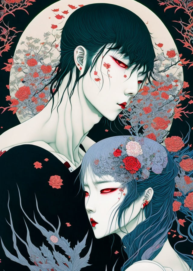 Stylized women with pale skin and dark hair in floral and moon-like setting