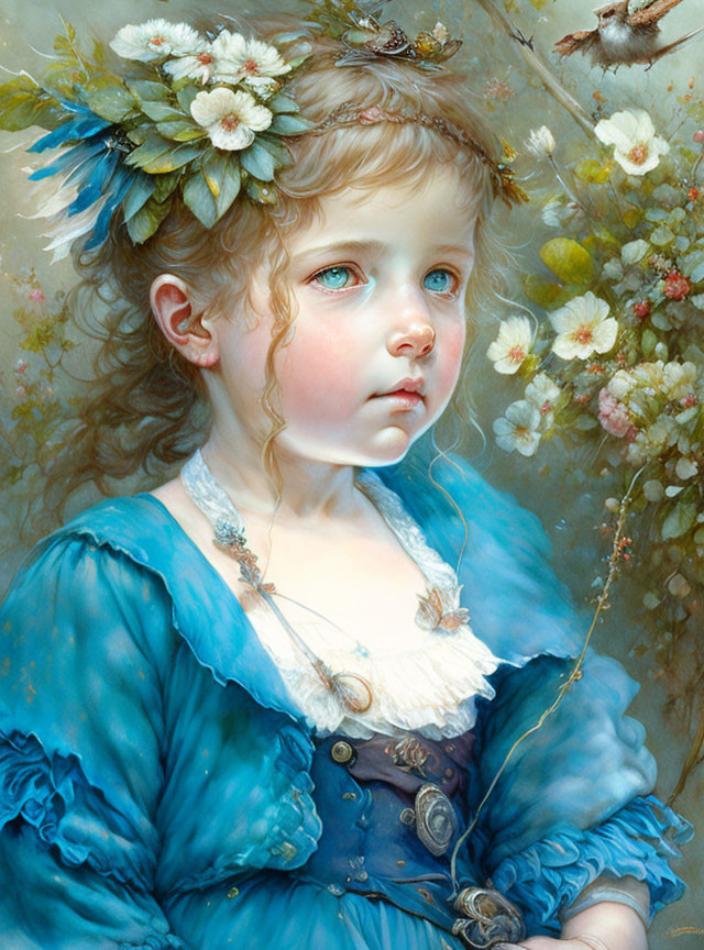 Realistic painting of melancholic young girl in blue dress with blue eyes, floral headpiece, flowers