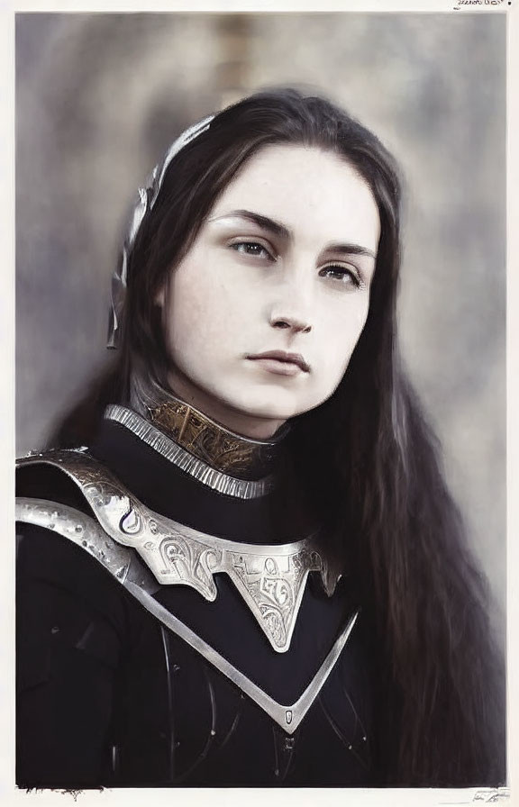 Dark-haired woman in medieval armor and circlet against nature backdrop