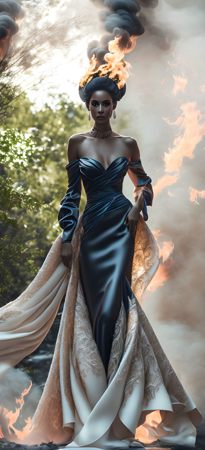 Elegant Woman in Luxurious Black and Cream Gown Amidst Swirling Smoke and Flames