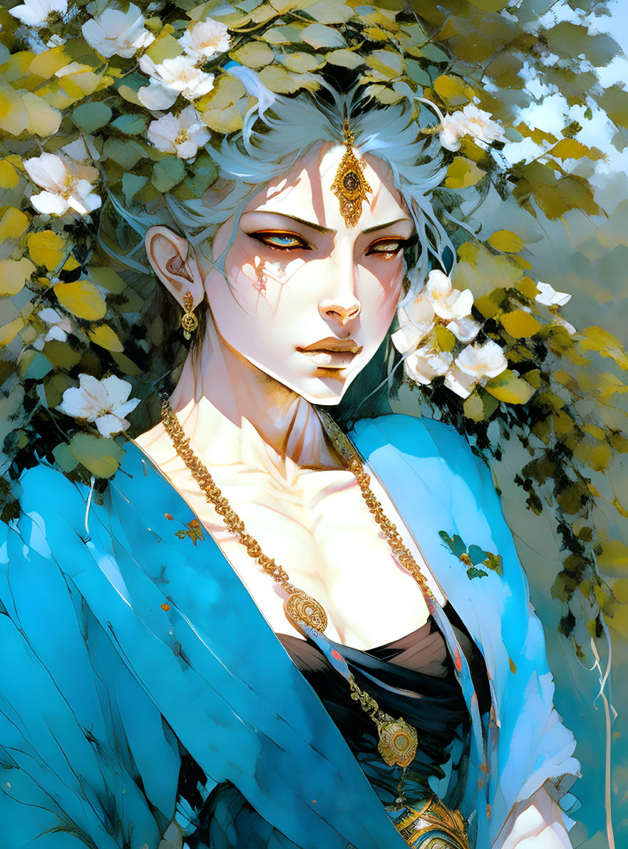 Fantasy character with pale skin and white hair in blue and gold jewelry, surrounded by green foliage and