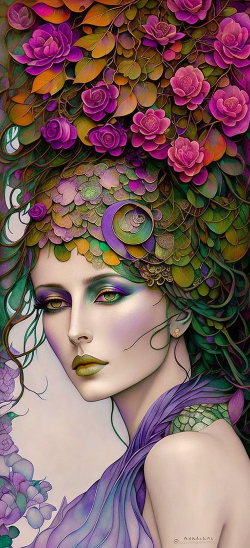 Illustration of woman in green and purple hues with floral headpiece