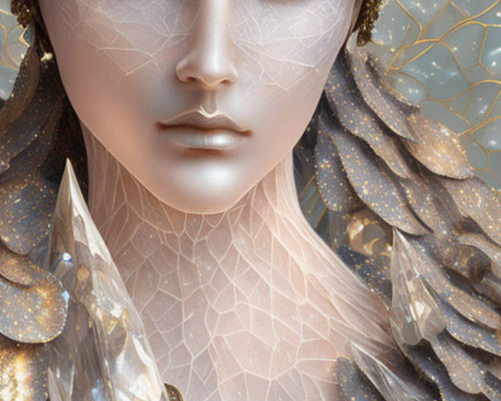 Fantasy creature digital art: humanoid form, white face, golden headdress, crystal surroundings