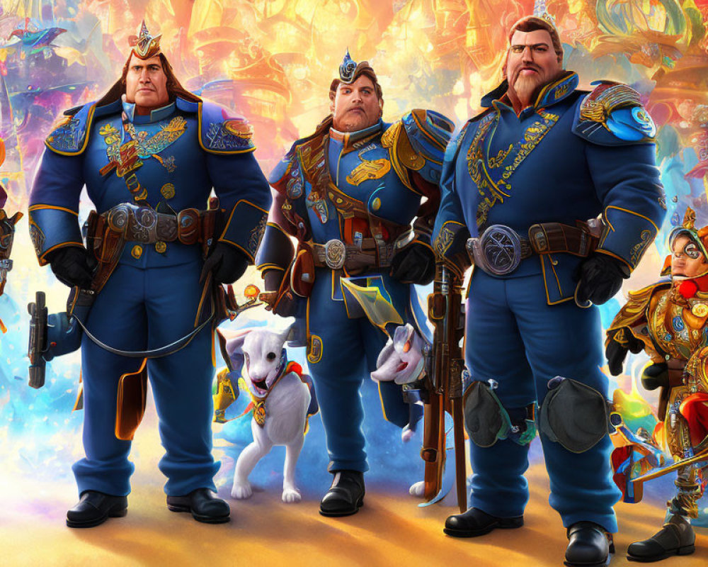 Three animated characters in detailed blue uniforms with a robotic dog in a vibrant fantasy setting.