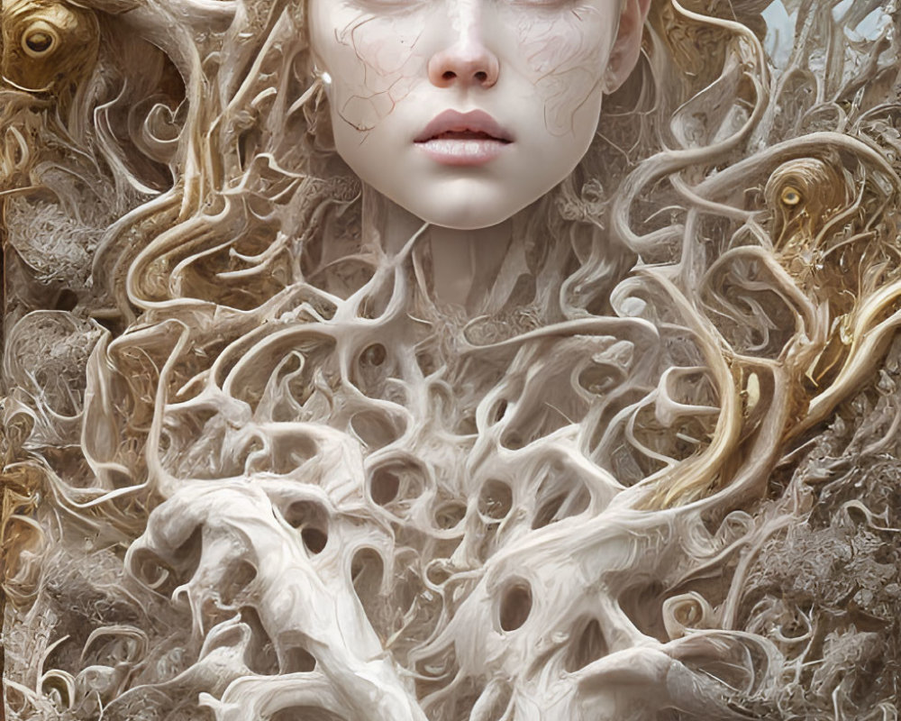 Pale young woman with golden and ivory embellishments in surreal portrait