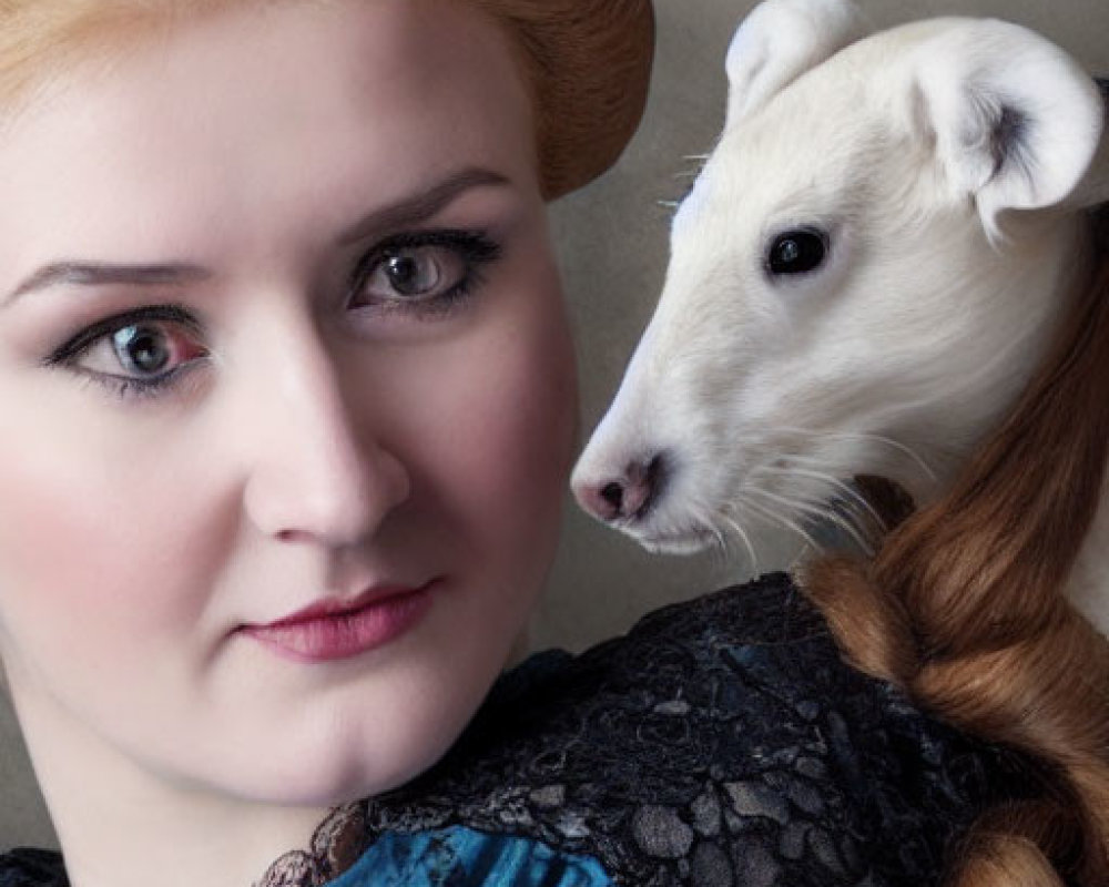 Elaborate updo woman with vintage attire and white ferret on shoulder