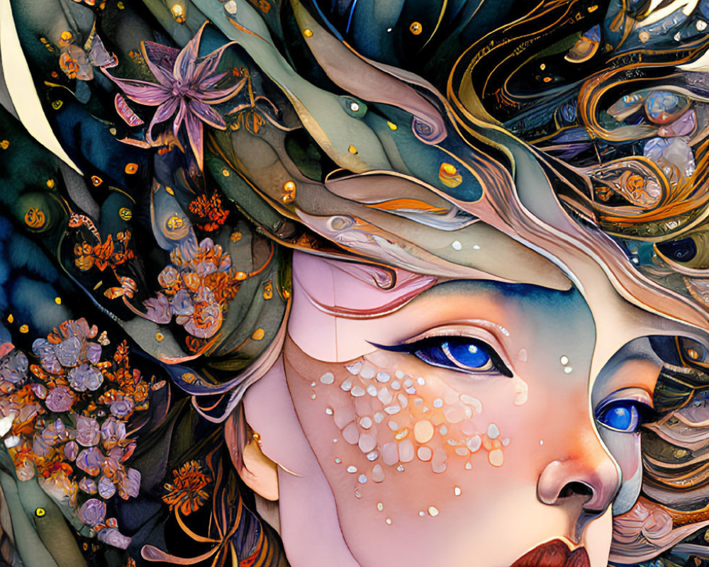 Woman with Nature-Inspired Hair and Mystical Patterns on Colorful Background