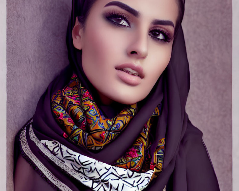 Woman with dramatic makeup in hijab with intricate patterns