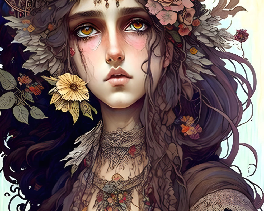 Girl with Dark Wavy Hair Adorned with Flowers and Jewelry