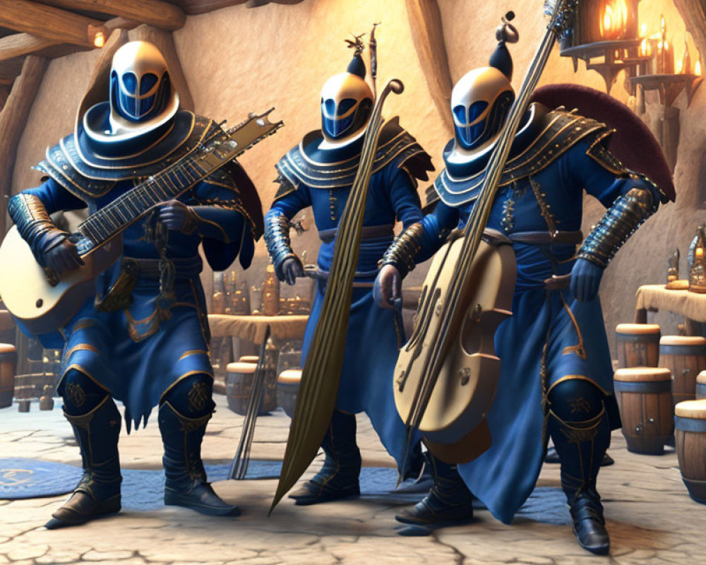 Three animated characters in blue medieval armor playing musical instruments in a tavern.