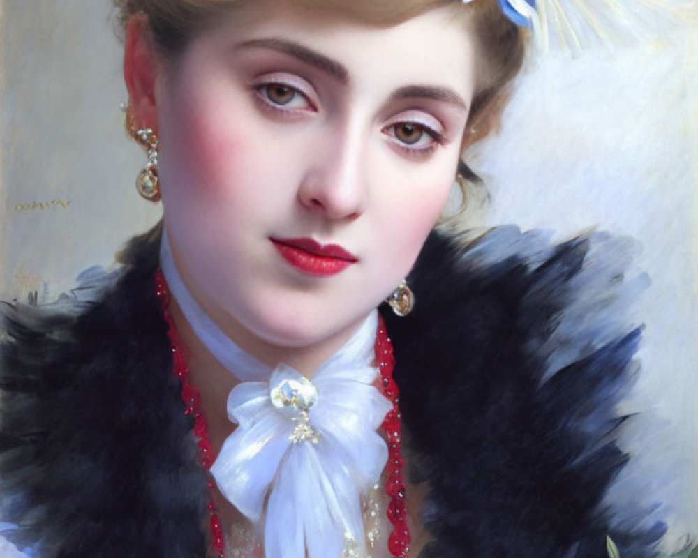 Vintage-inspired portrait of elegant woman in gold tiara and fur coat with pearl necklace and blue flower,