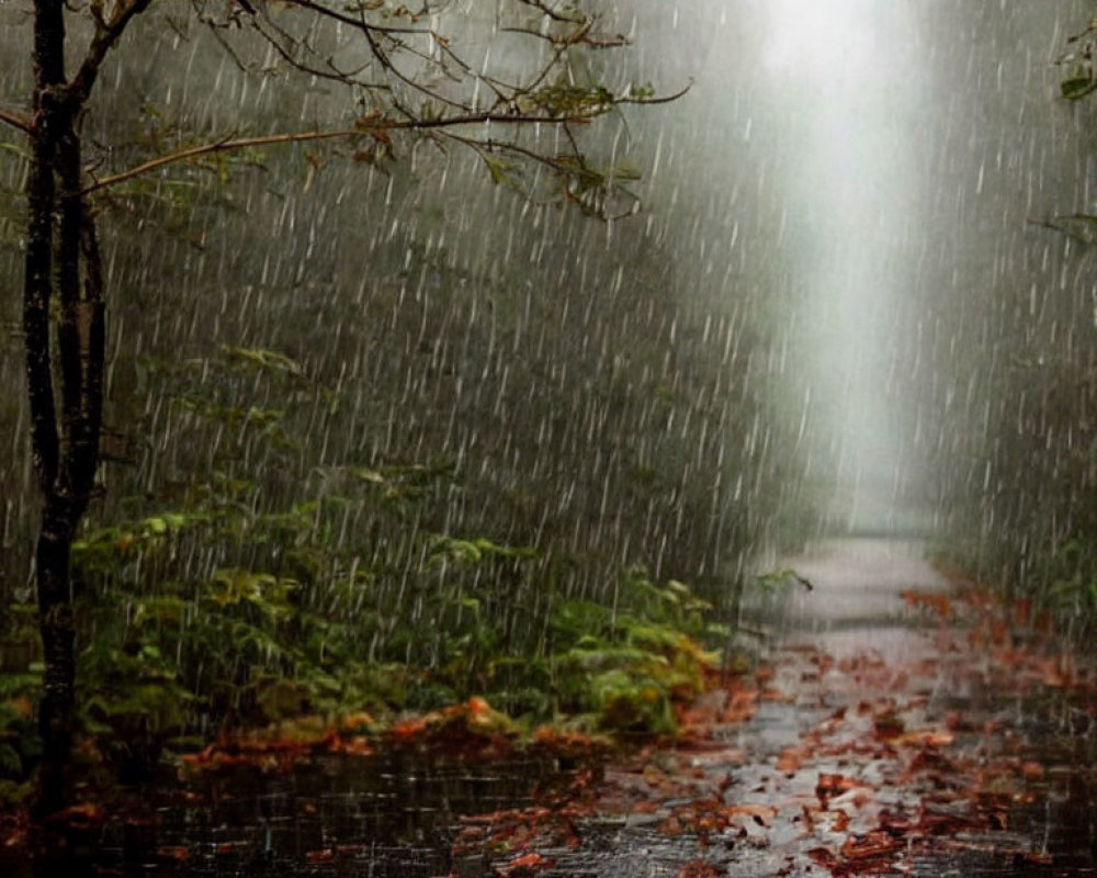 Rain-soaked pathway in misty forest with green foliage & autumn leaves