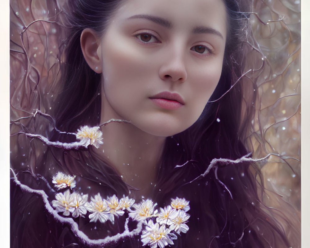 Portrait of Woman with Dark Hair and White Flowers in Serene Winter Setting