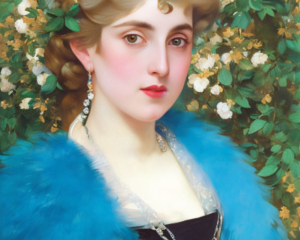 Portrait of elegant woman with blue fur stole and tiara, surrounded by white flowers holding a glass