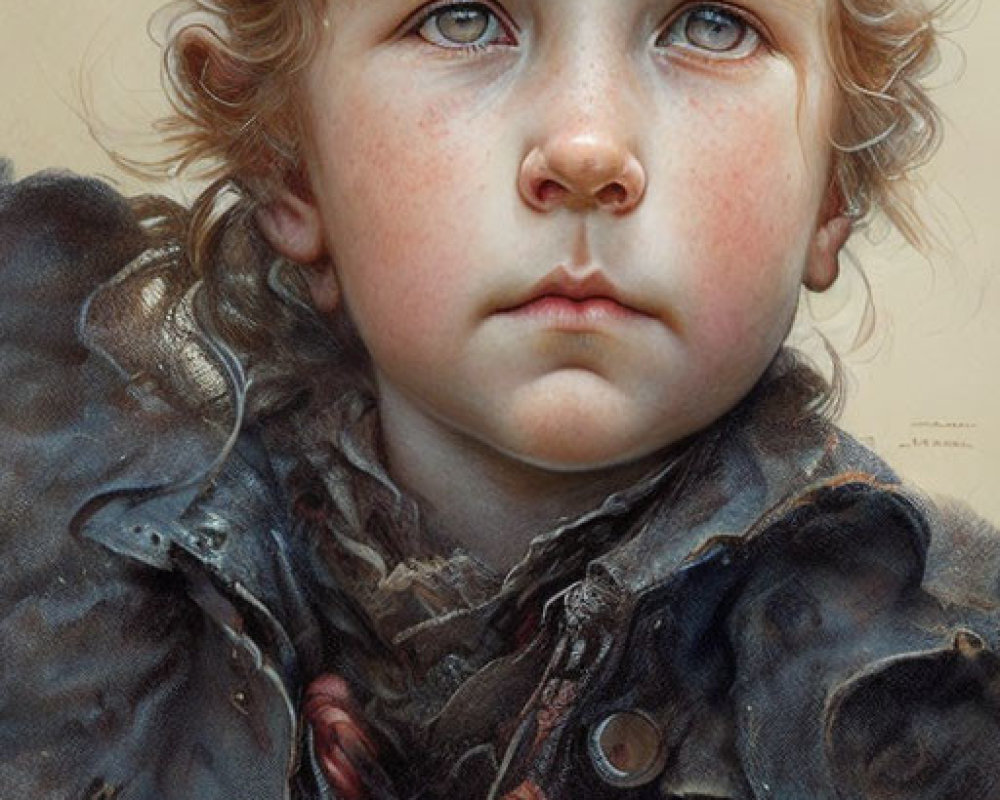 Young child with curly hair and blue eyes in a weathered coat.