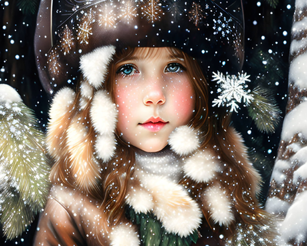 Young girl in winter coat and hat with falling snowflakes and snow-covered trees