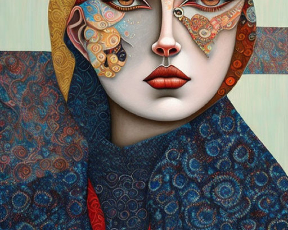 Colorful artwork of woman with butterfly and intricate patterns