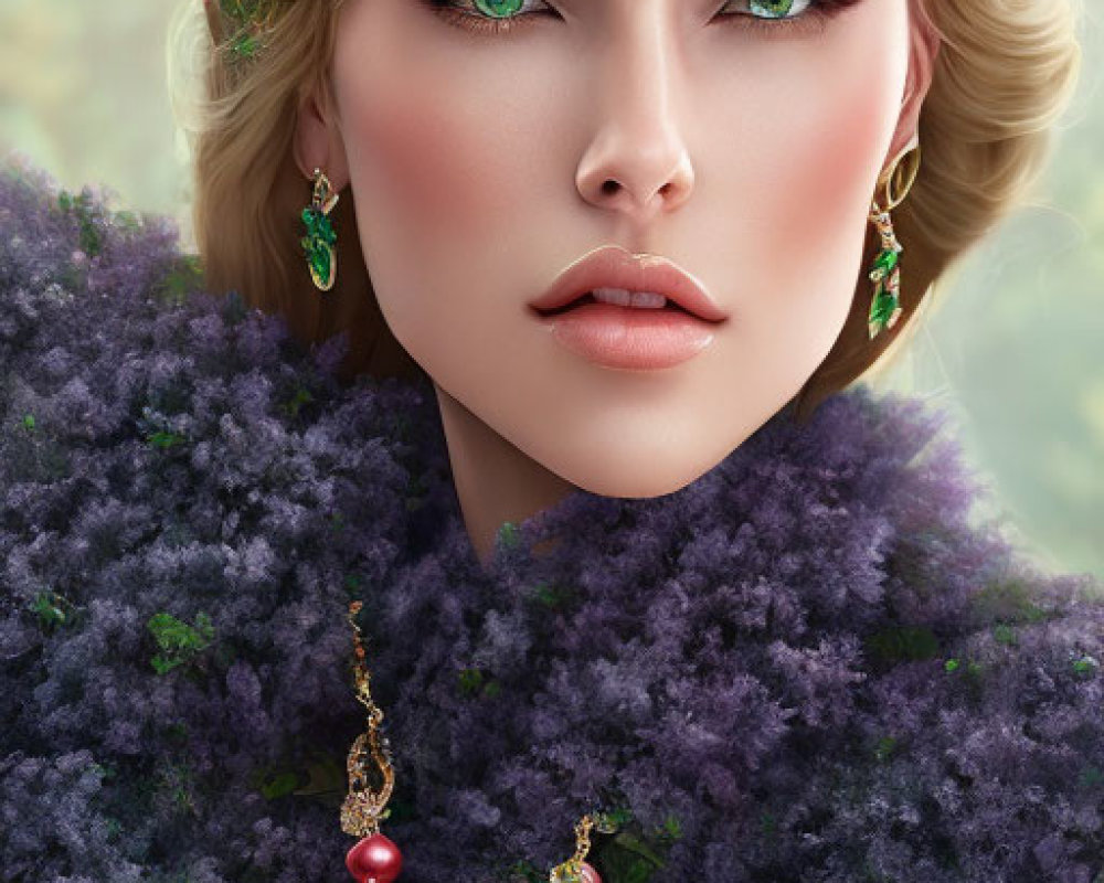 Digital portrait of woman with green eyes, short blonde hair, wearing purple fluffy outfit.