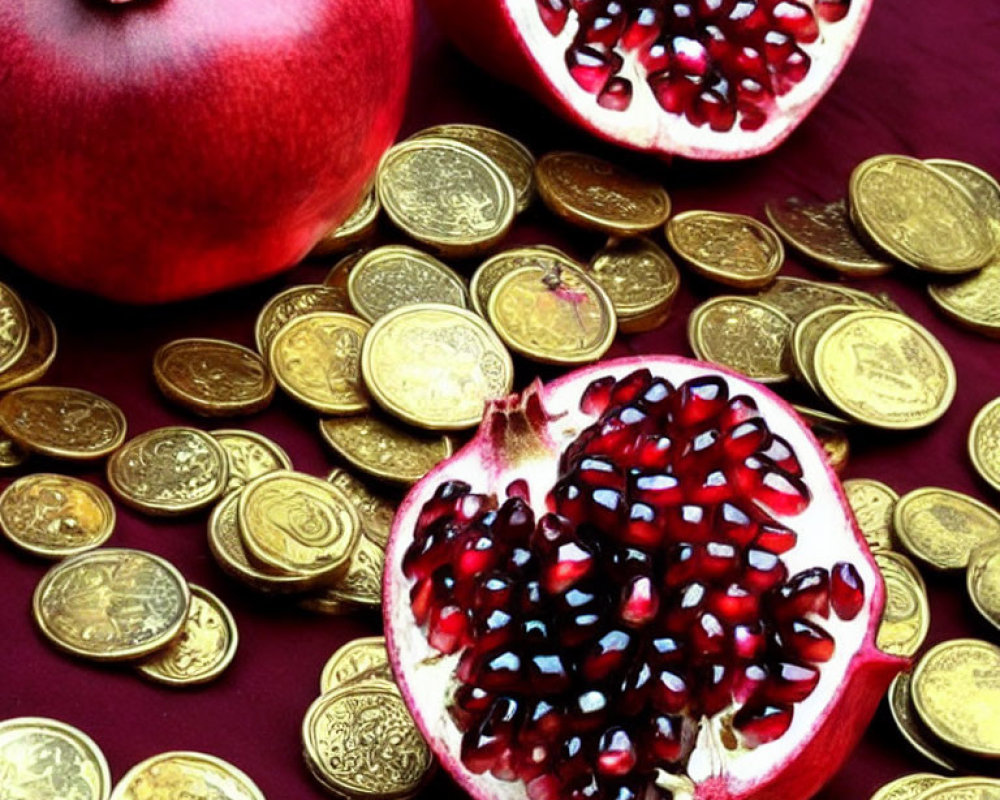 Pomegranates with seeds on maroon surface and golden coins.