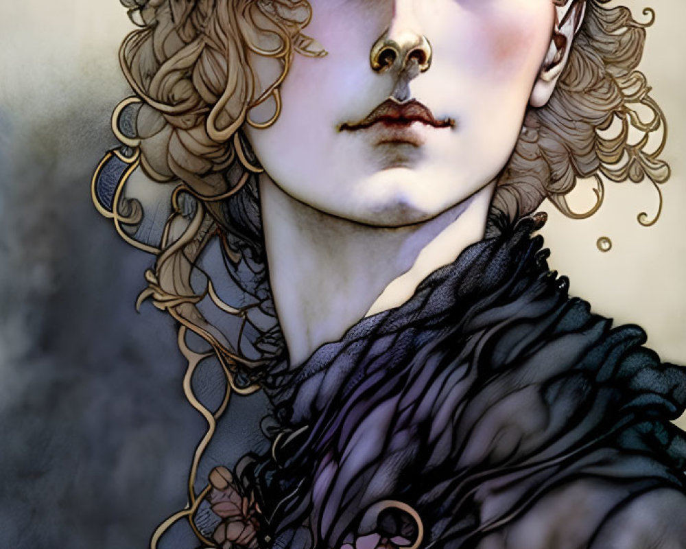 Intricate golden curls and vintage attire in a mysterious illustration