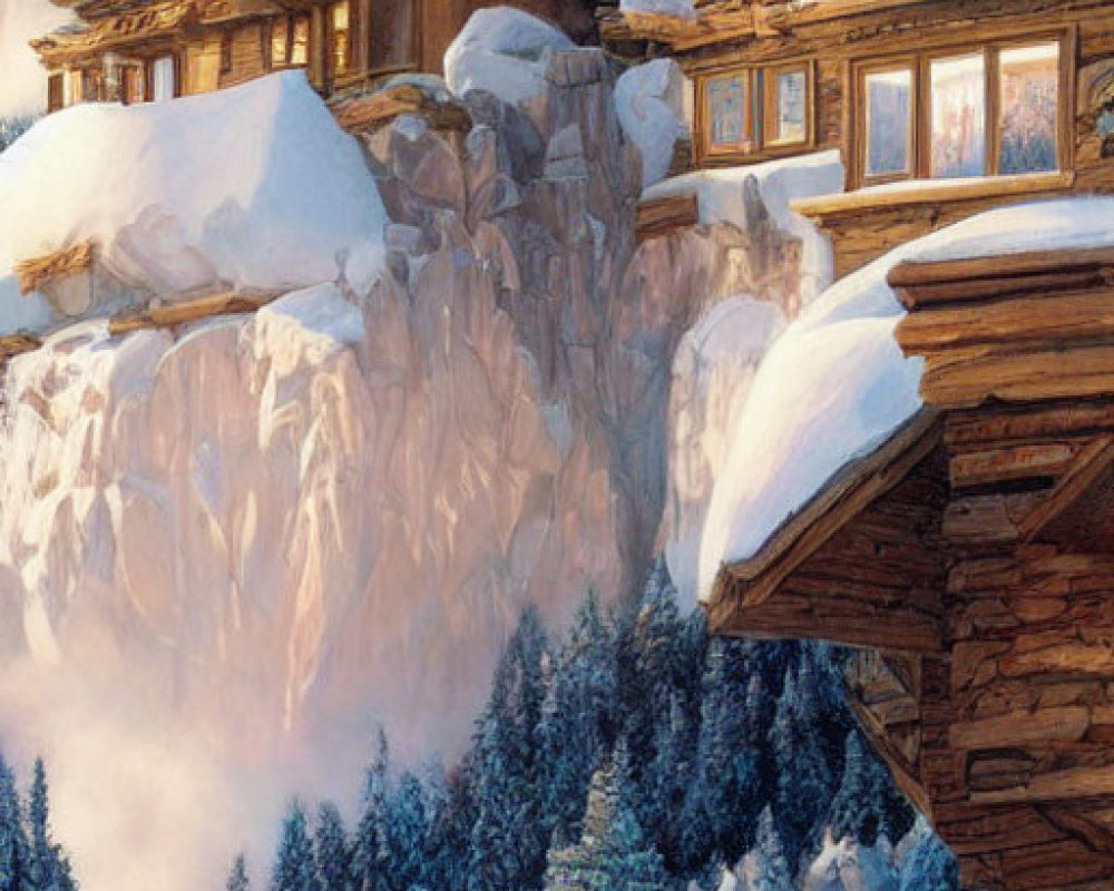 Snow-covered chalets on cliff overlooking frosty forest in golden light