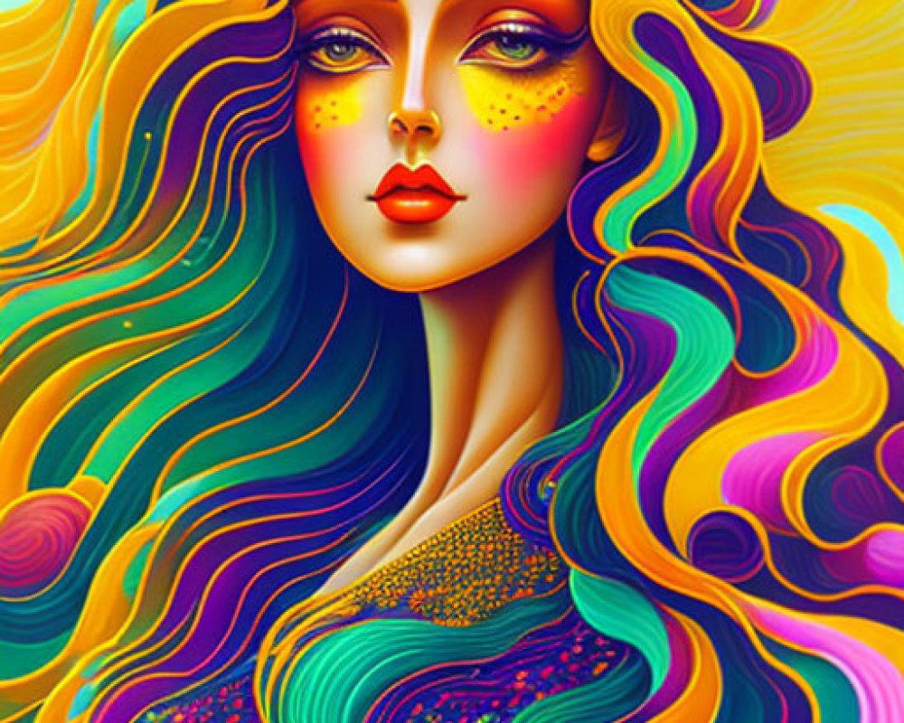 Colorful Psychedelic Digital Art: Stylized Woman with Flowing Hair