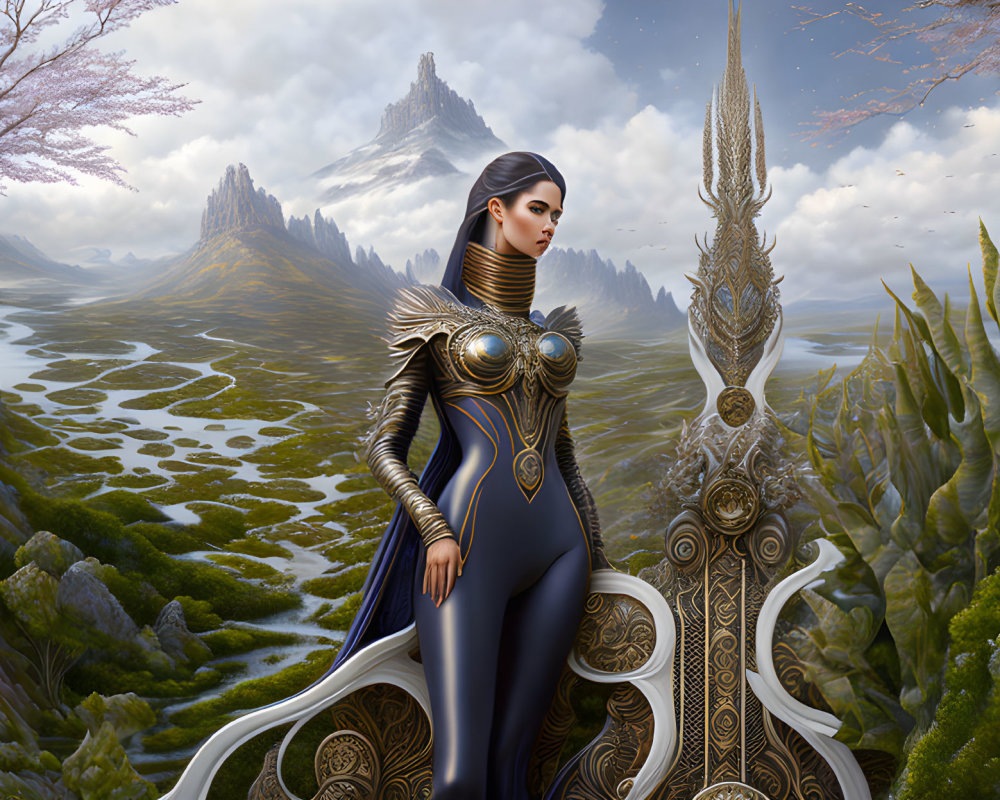 Regal female figure in ornate armor with spear in majestic mountain landscape