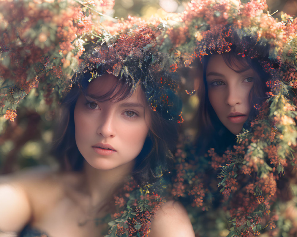 Two women obscured by floral branches in soft-focus with dreamy lighting.