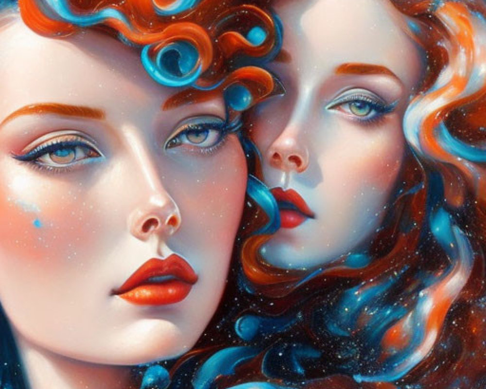 Vibrant illustration: two women with multicolored hair, blue eyes, celestial backdrop