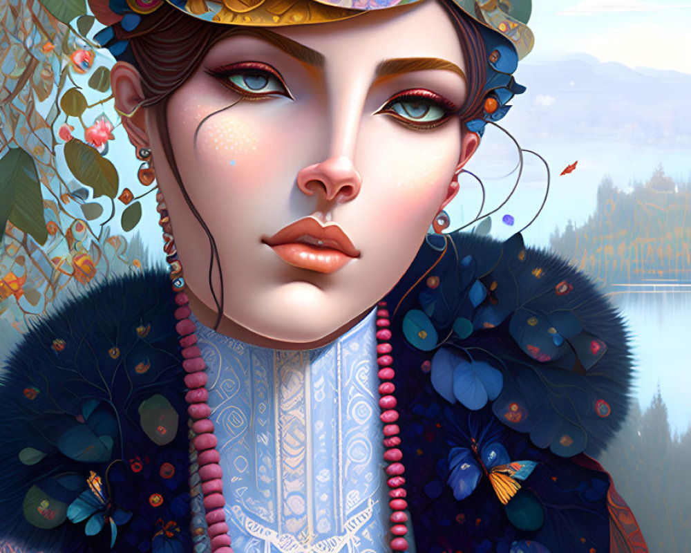 Digital illustration: Woman in floral hat and ornate blue coat with butterflies, set in nature.