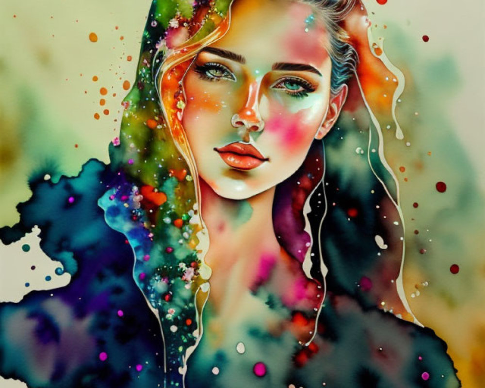 Colorful Watercolor Painting of Woman with Flowing Hair and Splashes