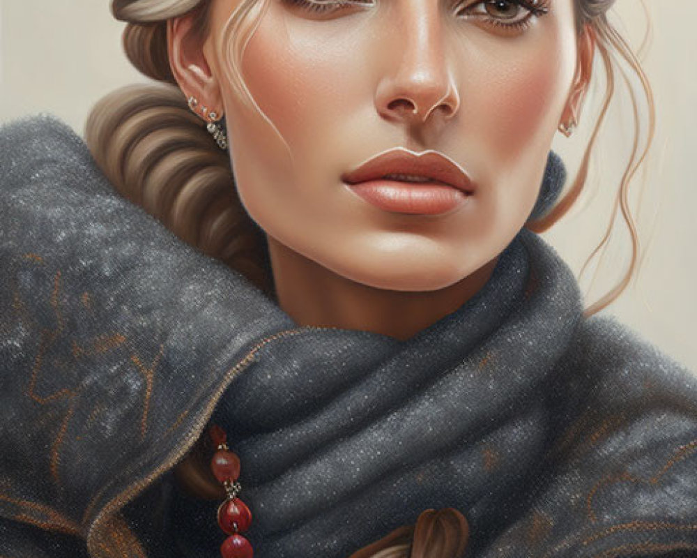 Detailed digital portrait of woman with braided hair and grey scarf in warm earthy tones