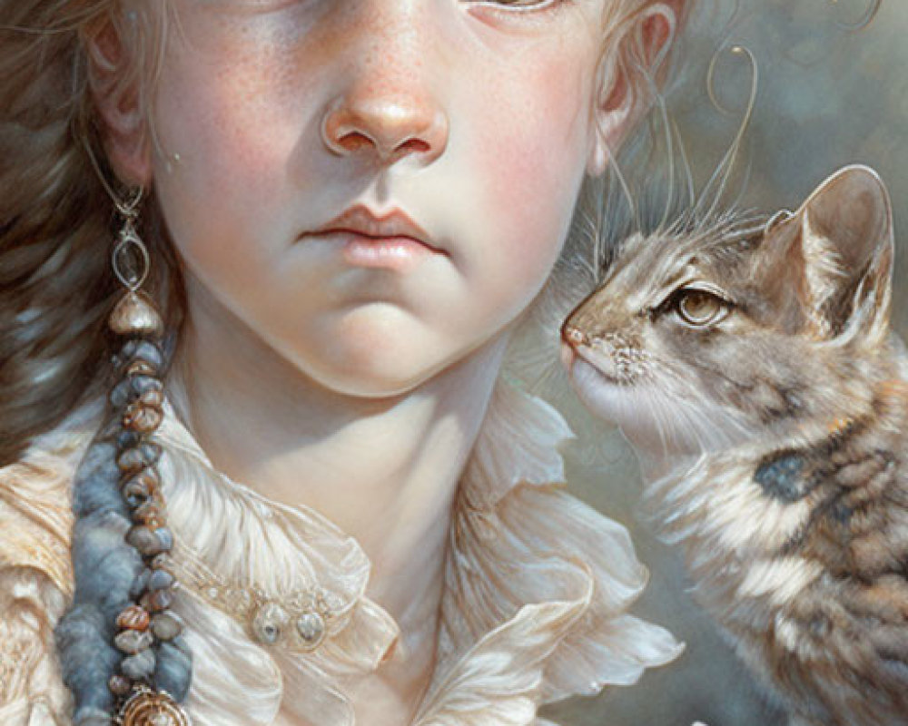 Portrait of young girl with curly hair and cat in vintage dress