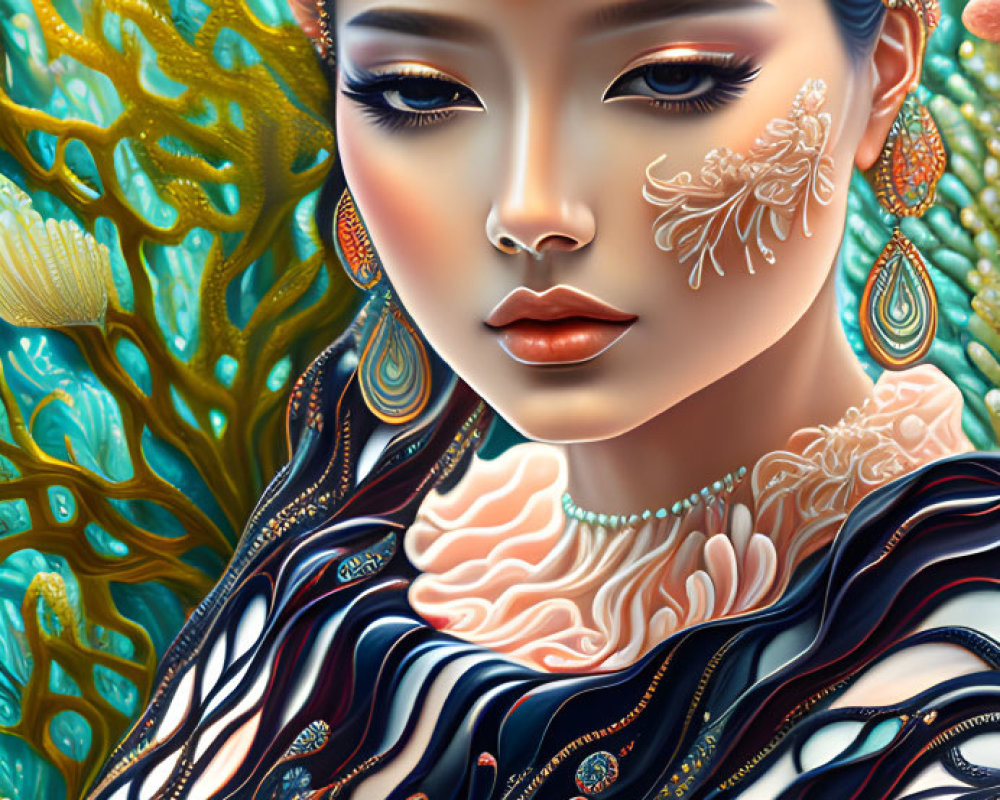 Digital artwork of woman in marine-themed attire and headdress with vibrant coral background.