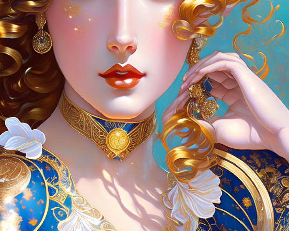 Illustration of woman with curly golden hair in blue and gold dress