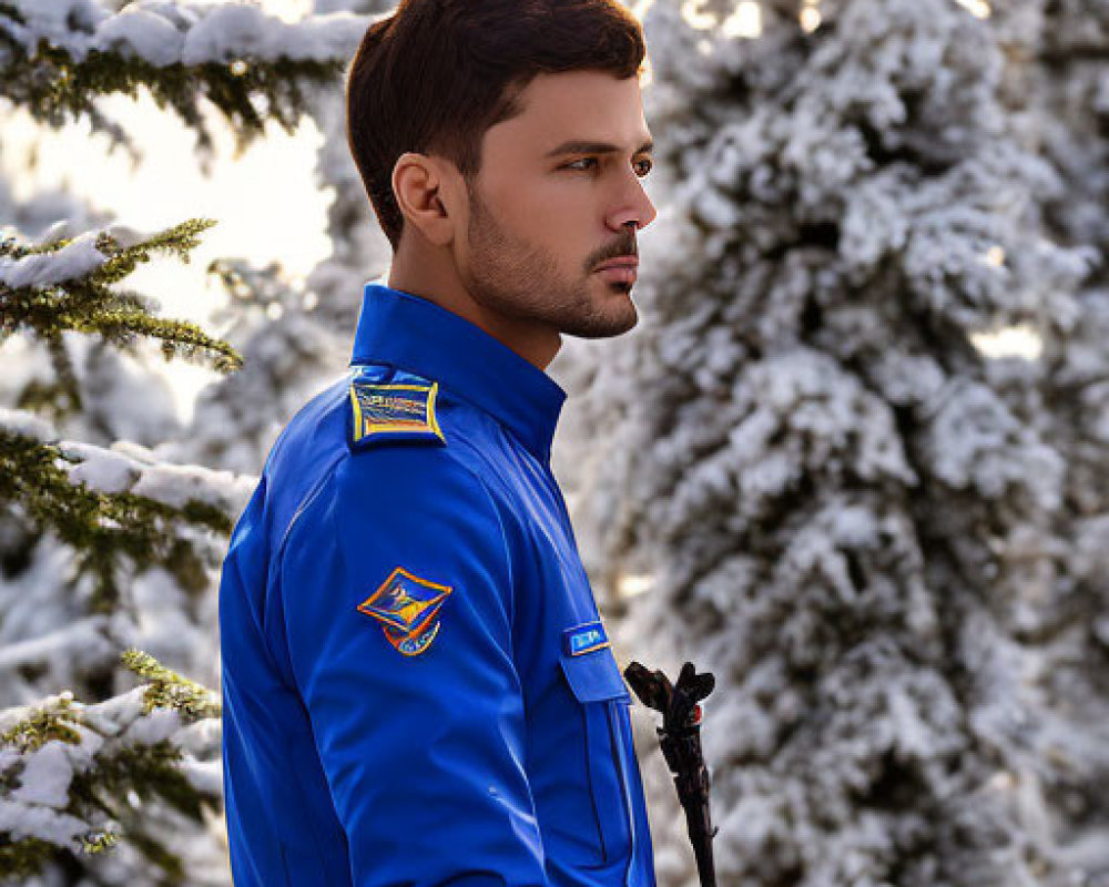 Man in Blue Ski Jacket with Poles in Snowy Pine Tree Setting