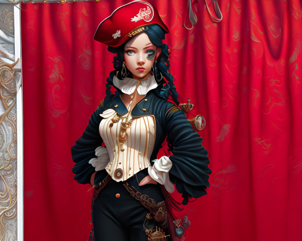 Female pirate illustration with red captain's hat and ornate jacket.