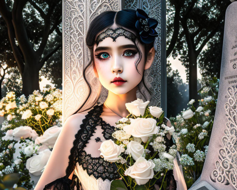 Gothic-style illustration of pale woman with striking makeup holding white roses by tombstones in twilight