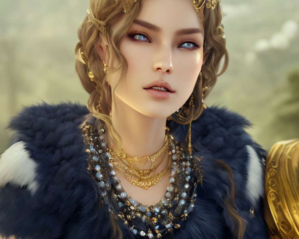 Digital artwork: Woman with blue eyes, golden hair accessories, jewelry, and blue fur cloak against blurred