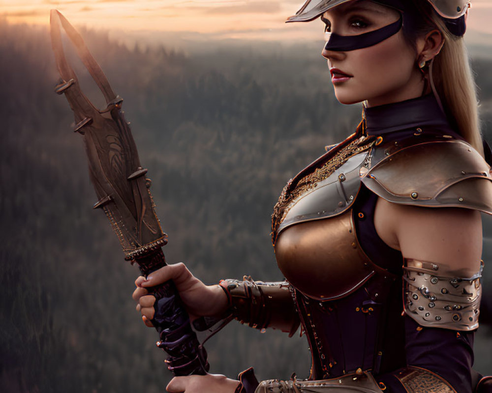 Detailed Medieval Armor Woman Holding Sword in Sunset Forest Scene