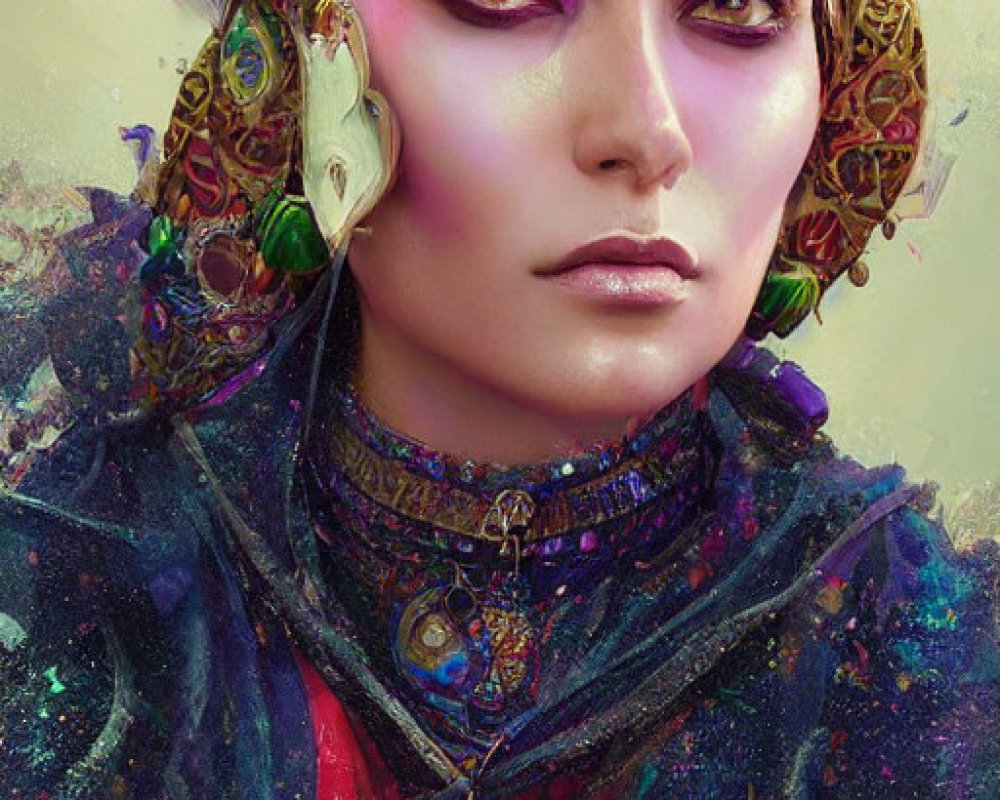 Vibrant purple-eyed person in ornate headdress on cosmic background