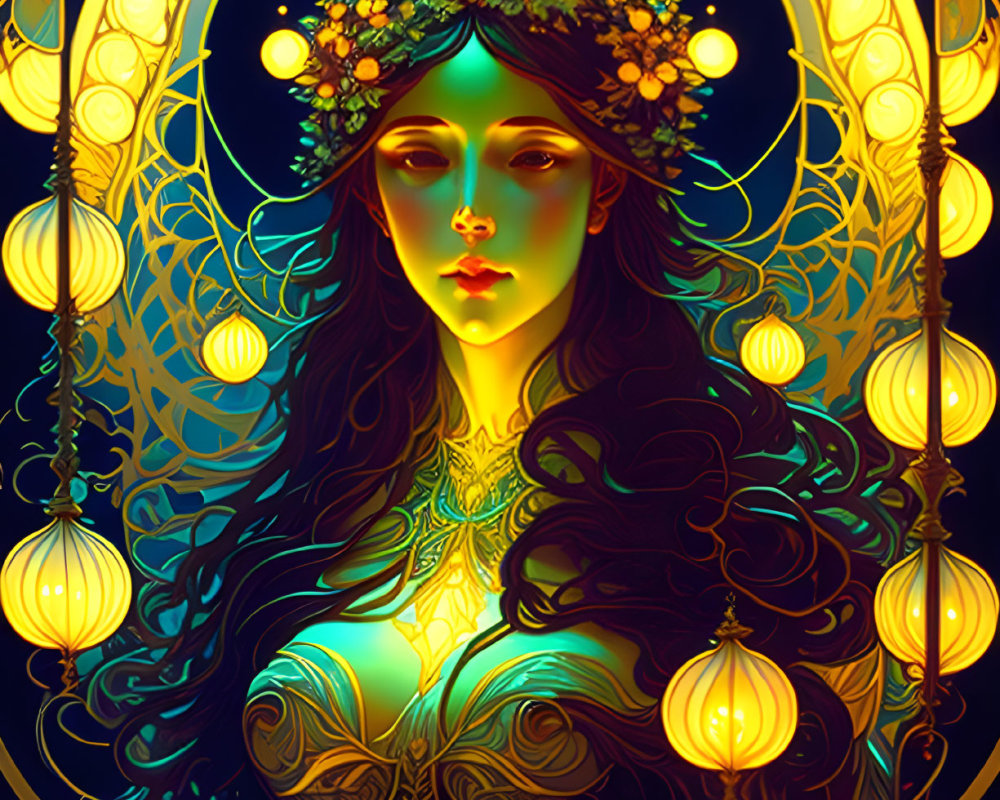 Illustrated fantasy woman with floral crown and lanterns in mystical setting