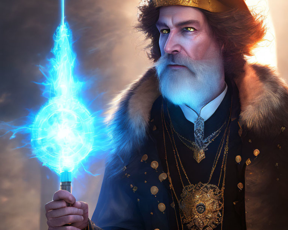 Majestic wizard with glowing blue staff and golden crown