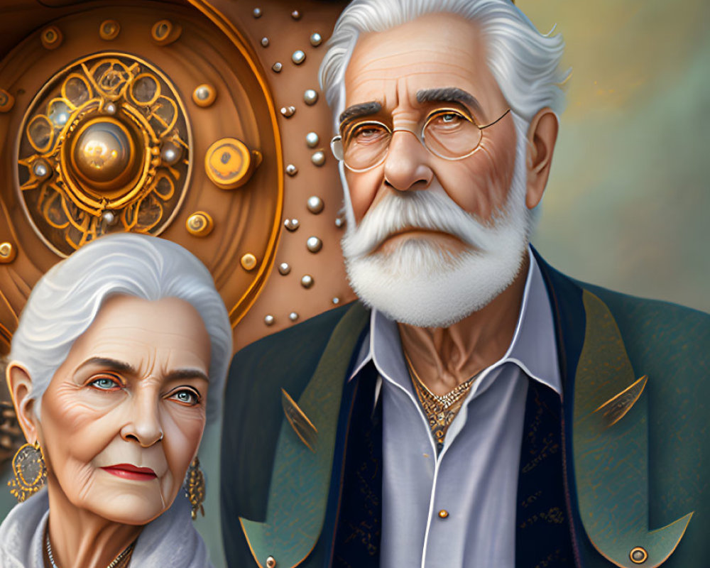 Elderly couple in steampunk attire with decorative gears