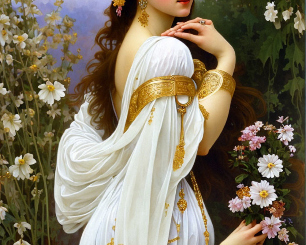 Classical painting of woman in gold belt with white flowers and serene backdrop