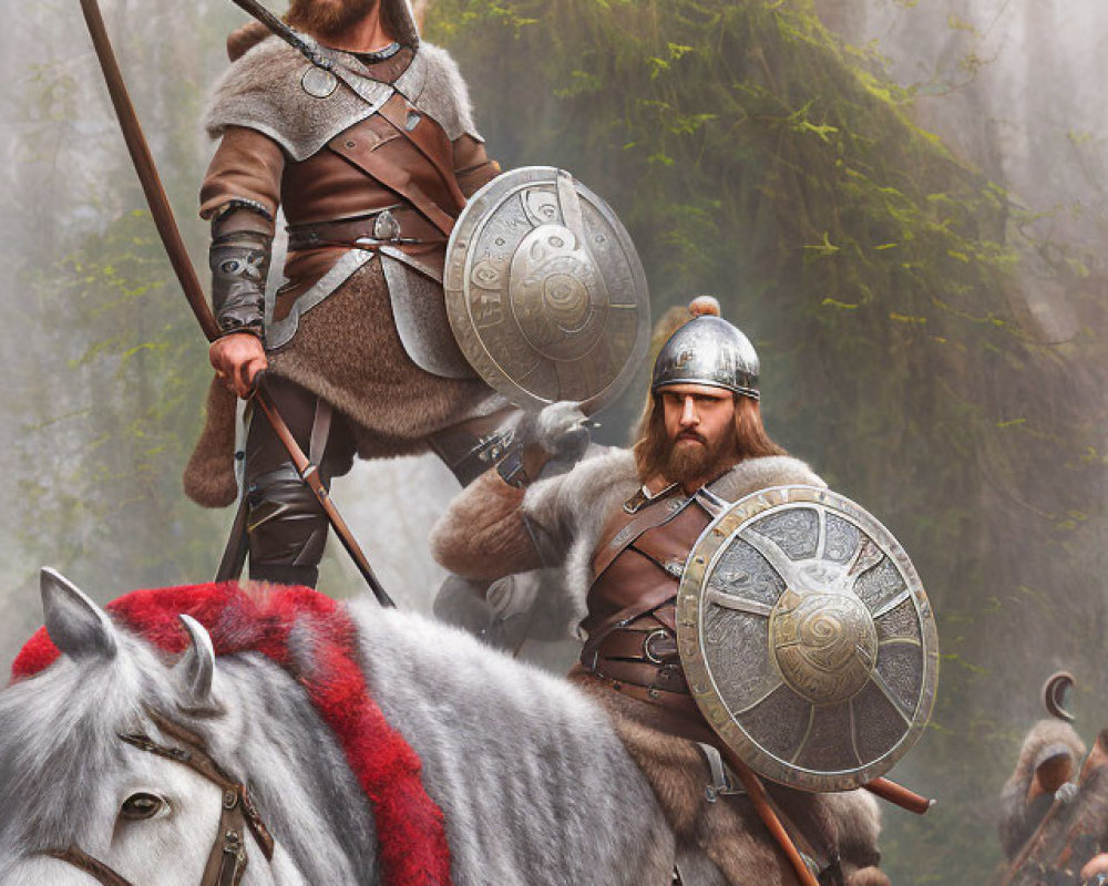 Medieval warriors on horseback with shields and spears in misty woodland