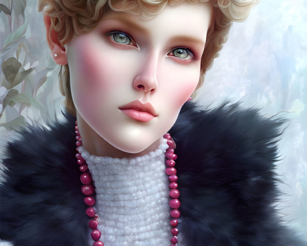 Blonde woman with green eyes in pearl necklace and fur collar