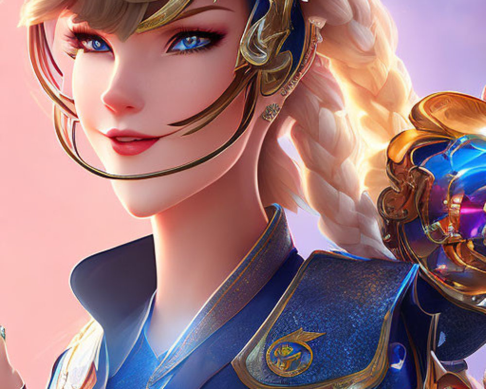 Female warrior digital illustration with blue eyes, golden-white hair, ornate blue and gold armor.