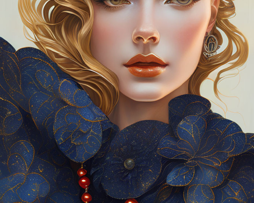 Detailed Illustration of Woman with Golden Curly Hair and Striking Makeup