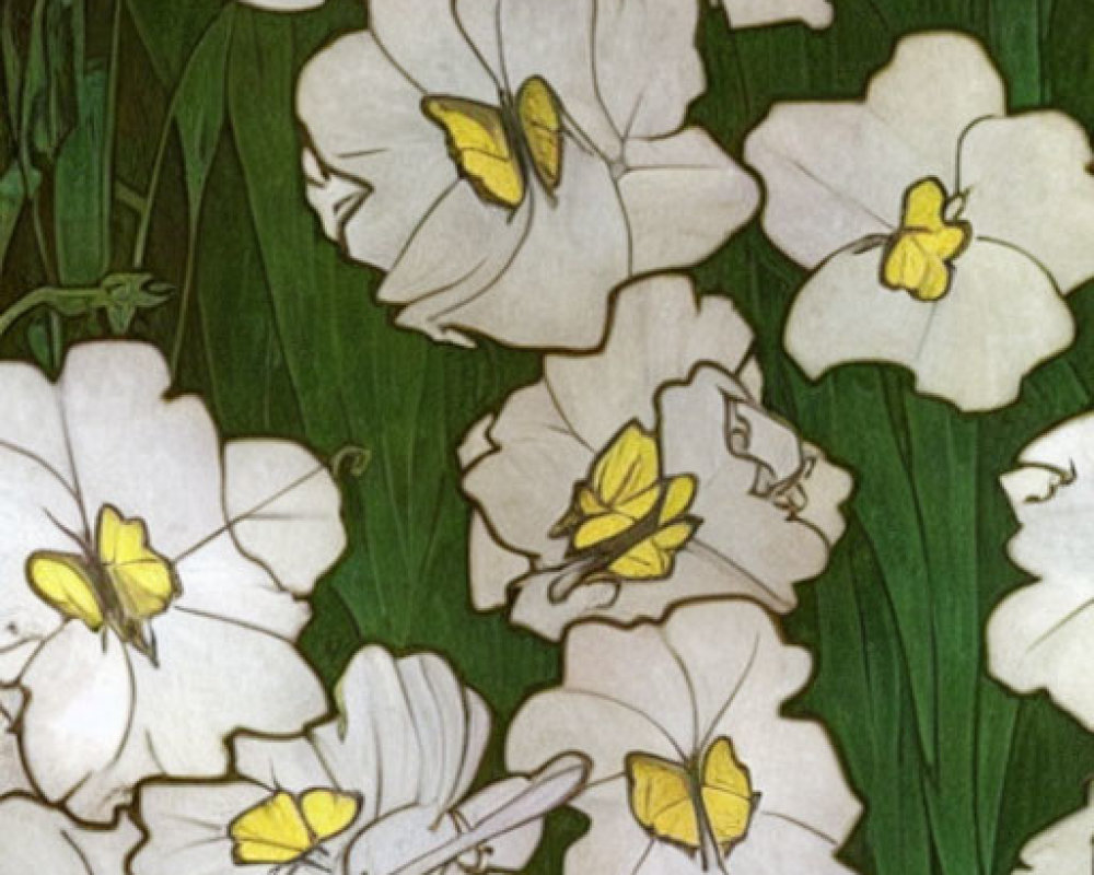 Art Nouveau Style Vertical Floral Illustration with White Flowers and Yellow Butterflies